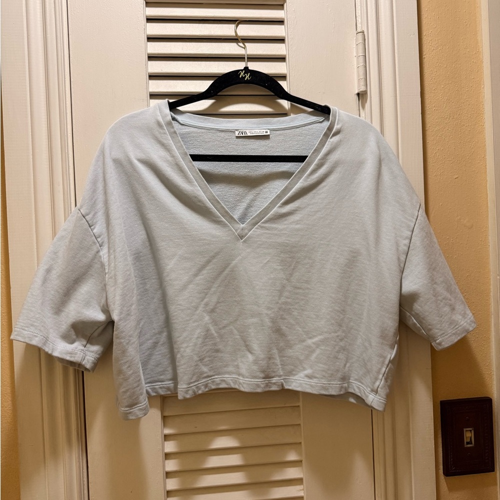 Zara Light Blue Boxy Crop Tee 3/4 Sleeve